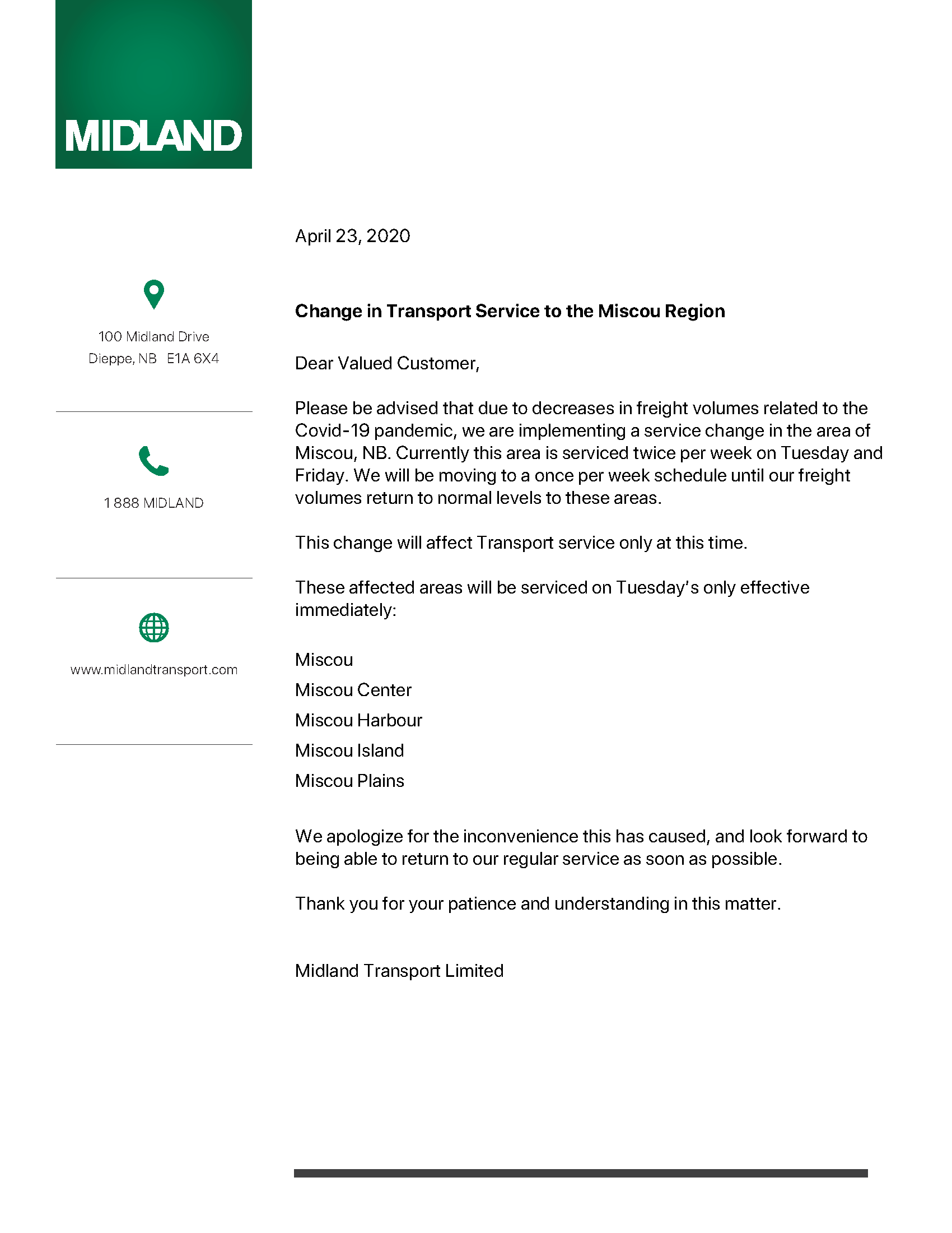 Change in Transport Service to the Miscou Region - April 23, 2020